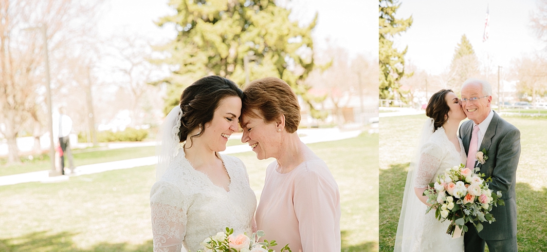 bride taking wedding day pictures with parents during wedding portraits