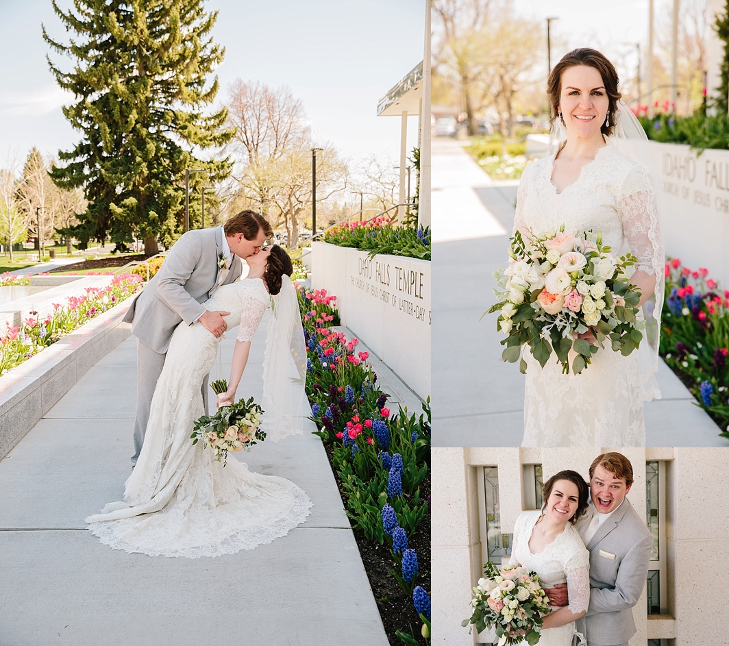 collage of bridal portraits and groom dipping bride while kissing after romantic idaho falls wedding 