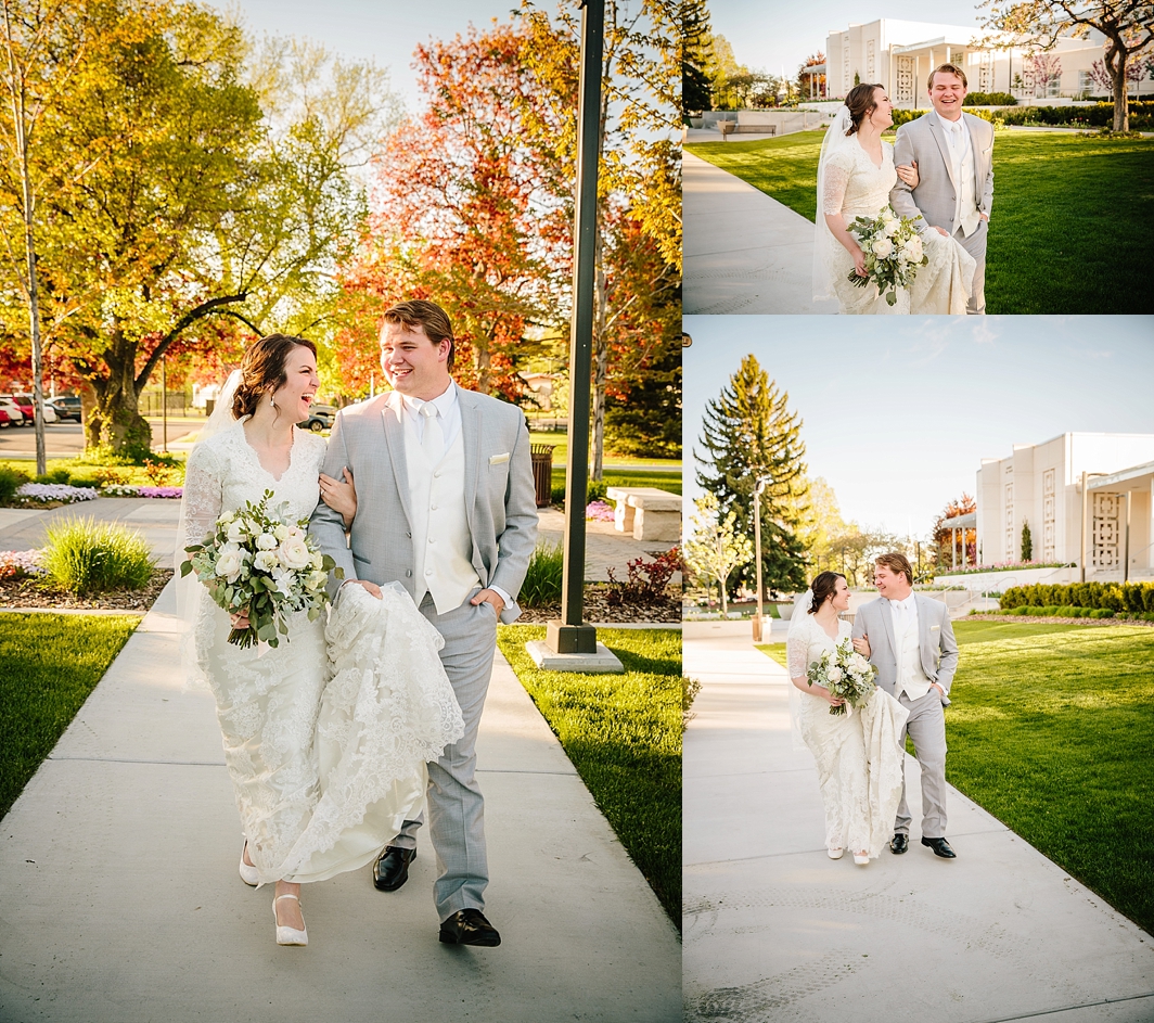 wedding couple walking on Idaho falls temple grounds smiling and laughing together