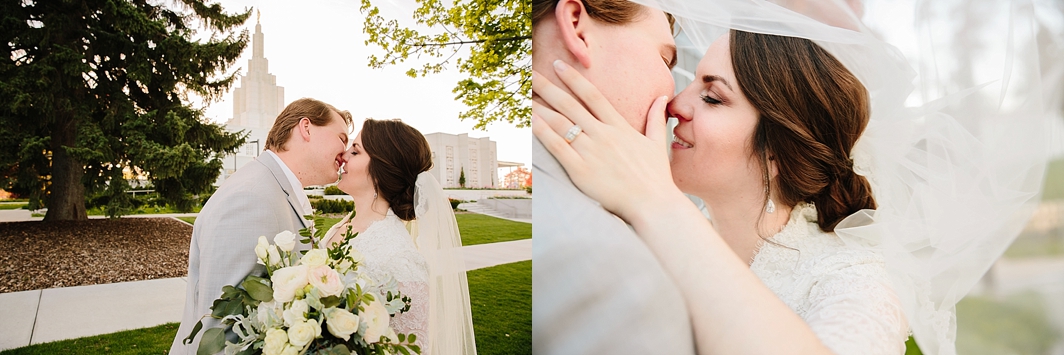 bride holding groom's face and kissing during romantic idaho falls wedding portraits