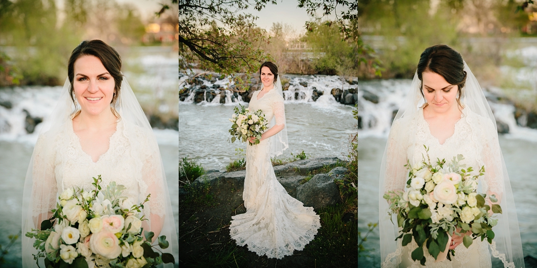 collage of bridal portraits showcasing bride's gown, beautiful white bouquet and veil