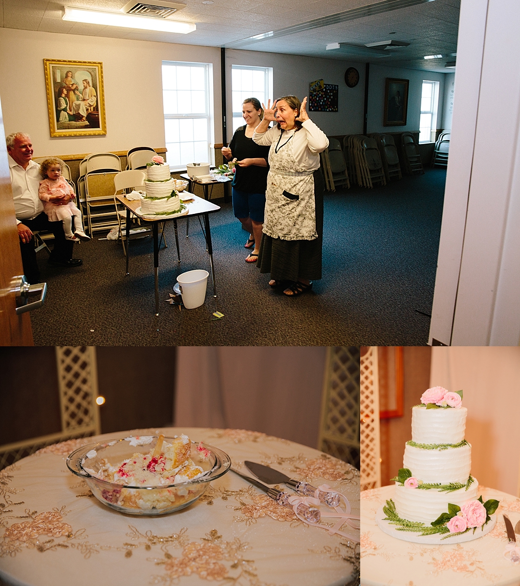 collage of wedding cake falling during evening reception