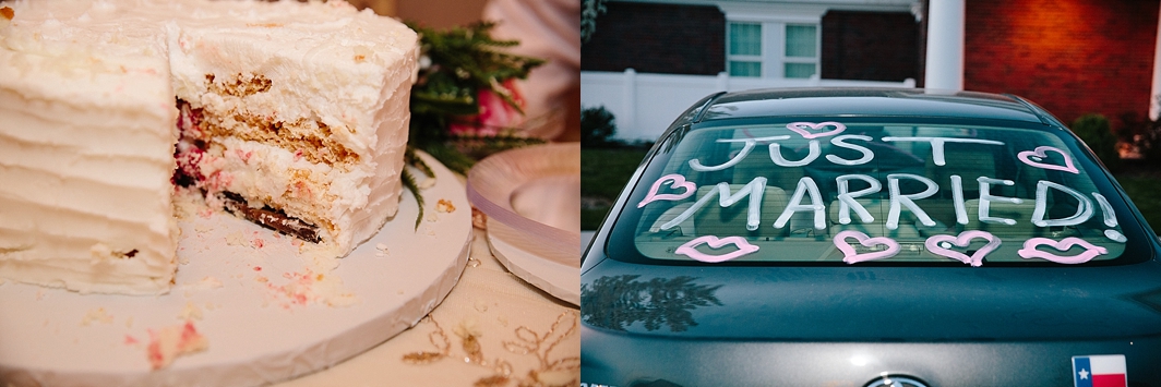 close up of wedding cake with a slice taken out of it and their car