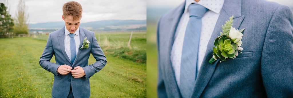 close up of groom's suit and boutonnière at Minimalistic and Earthy Idaho Falls Wedding 