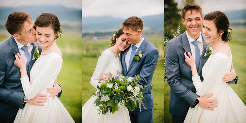 collage of bride wearing simple and timeless gown while groom in blue suit holds her