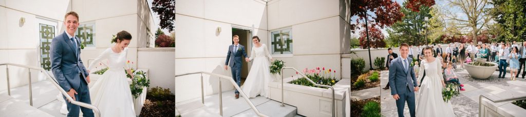 bride and groom exiting temple after Minimalistic and Earthy Idaho Falls Wedding ceremony