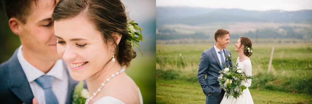 collage of bride and groom embracing and smiling during outdoor portraits