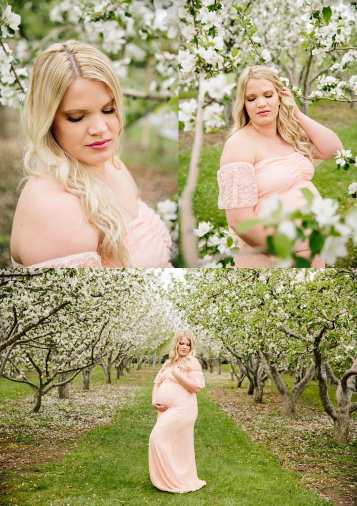 woman wearing off the shoulder peach lace gown during maternity pictures