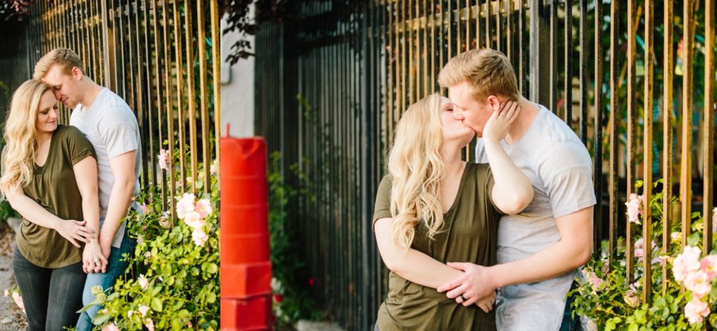 man and woman kissing during engagement portraits in Utah