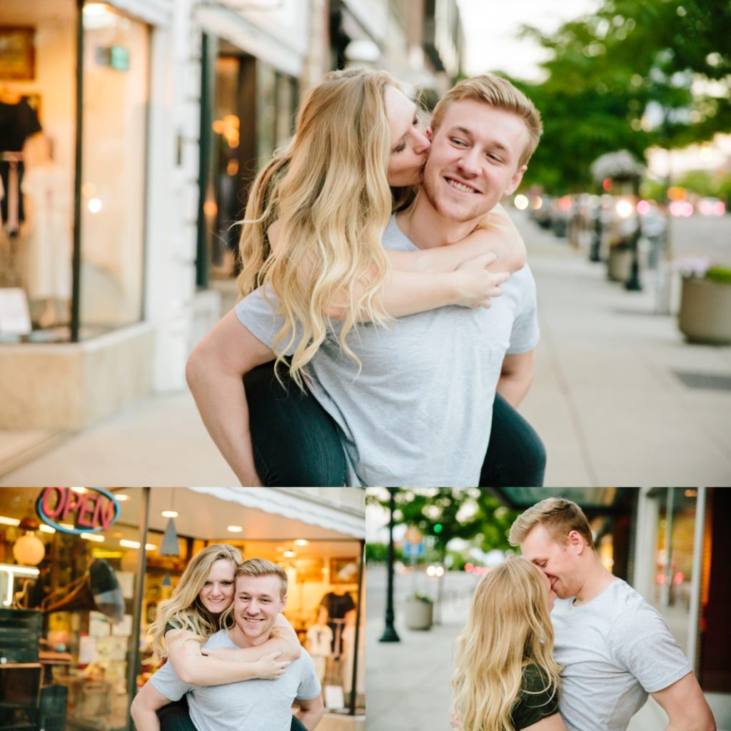 collage of downtown logan engagements with woman on man's back