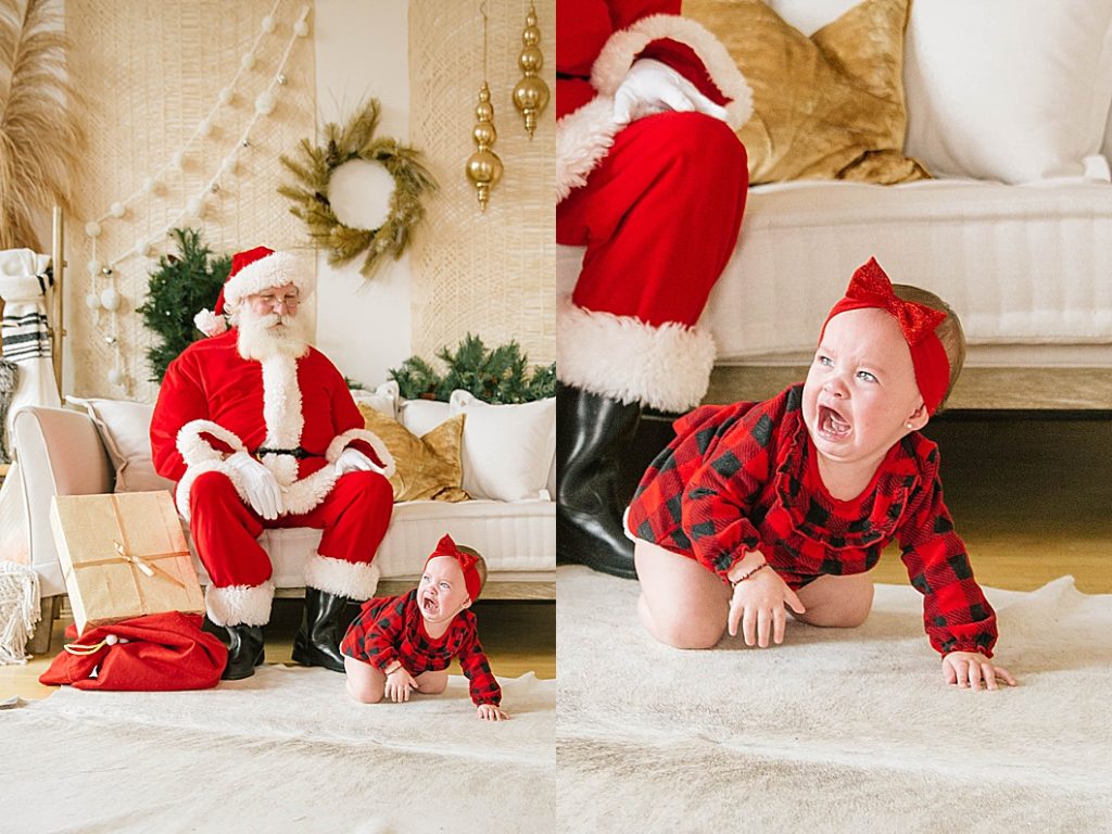 baby crying and crawling away from santa