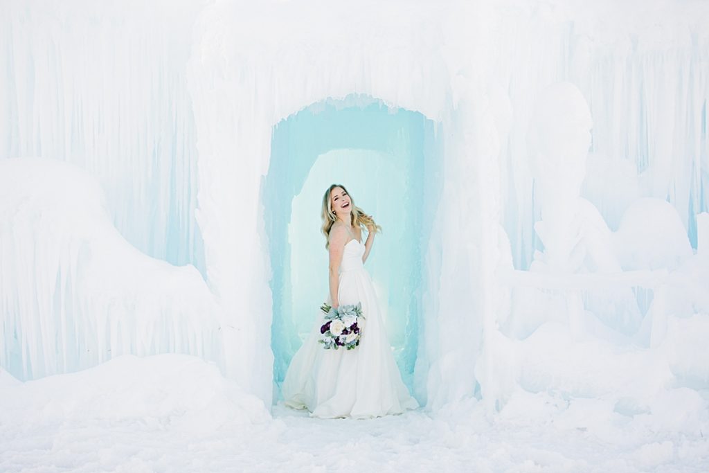Bride laughing Ice Palace at Labelle Lake 