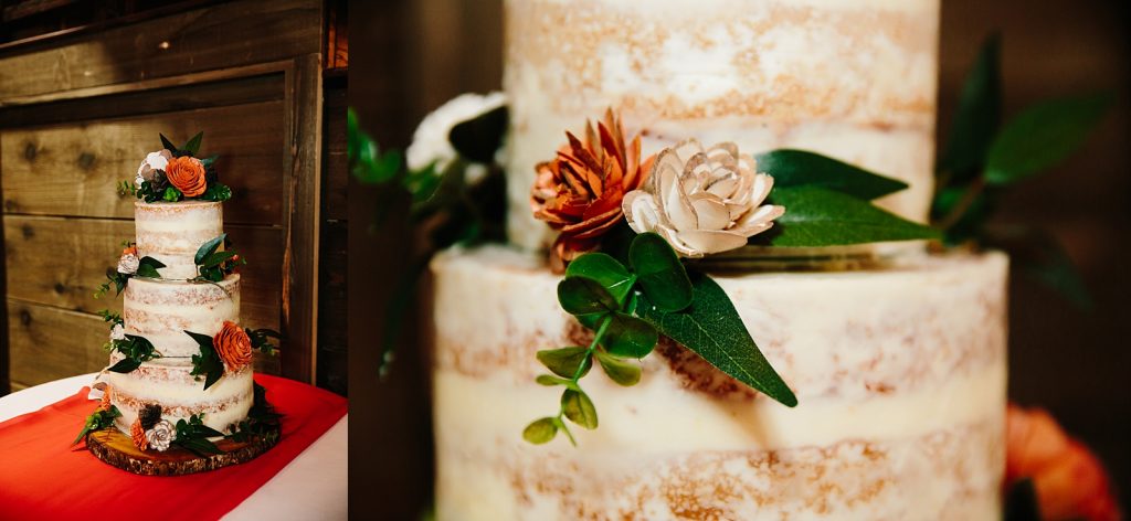 three tier naked wedding cake with floral details
