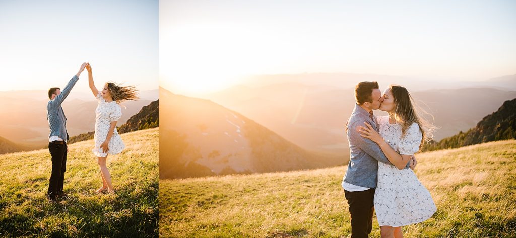 Jackson Hole wedding photographer captures couple dancing together during golden hour engagement session