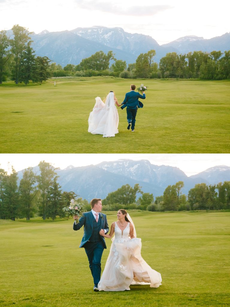 bride and groom running off together as married couple