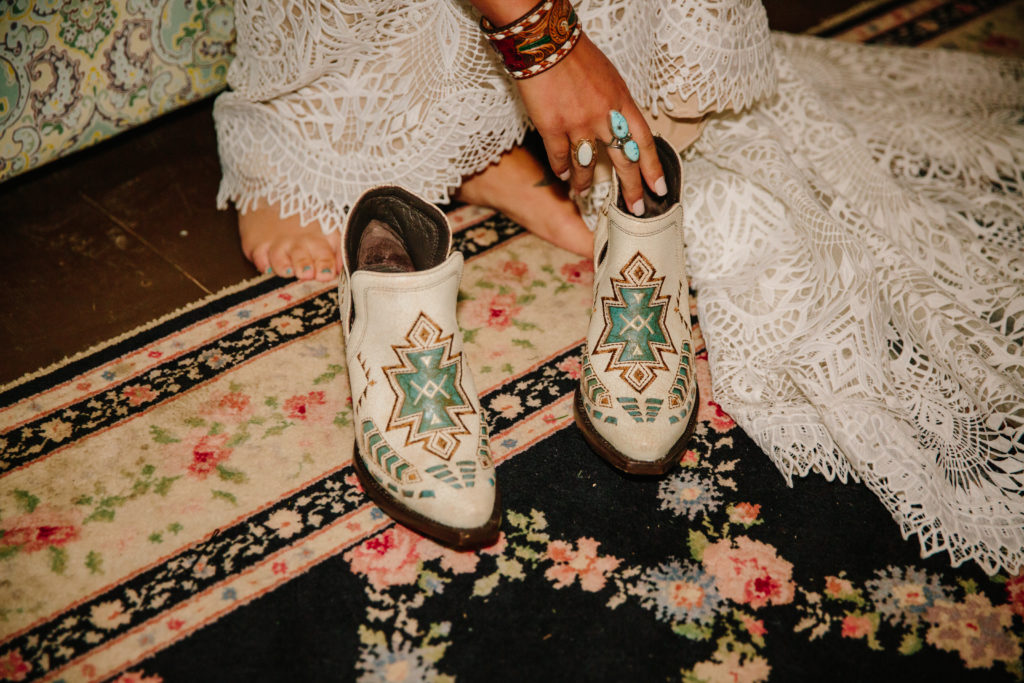 bridal boots with white and turquoise accents