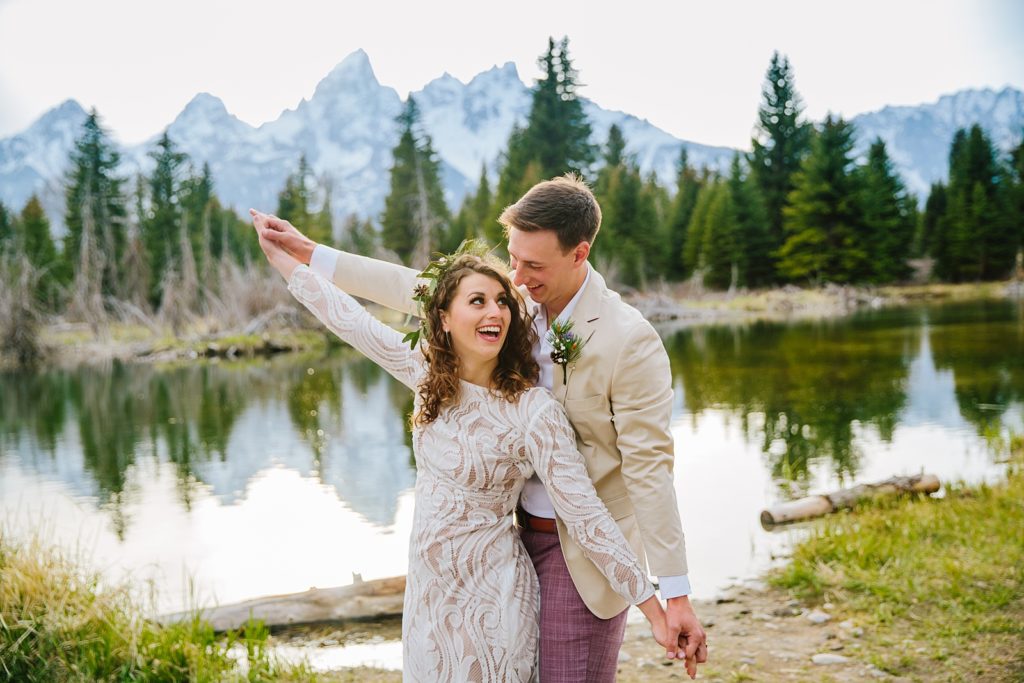 bride and groom laughing at their spring grand teton national park elopement