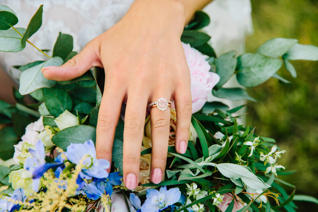 bride detail shot of wedding ring and bouquet 