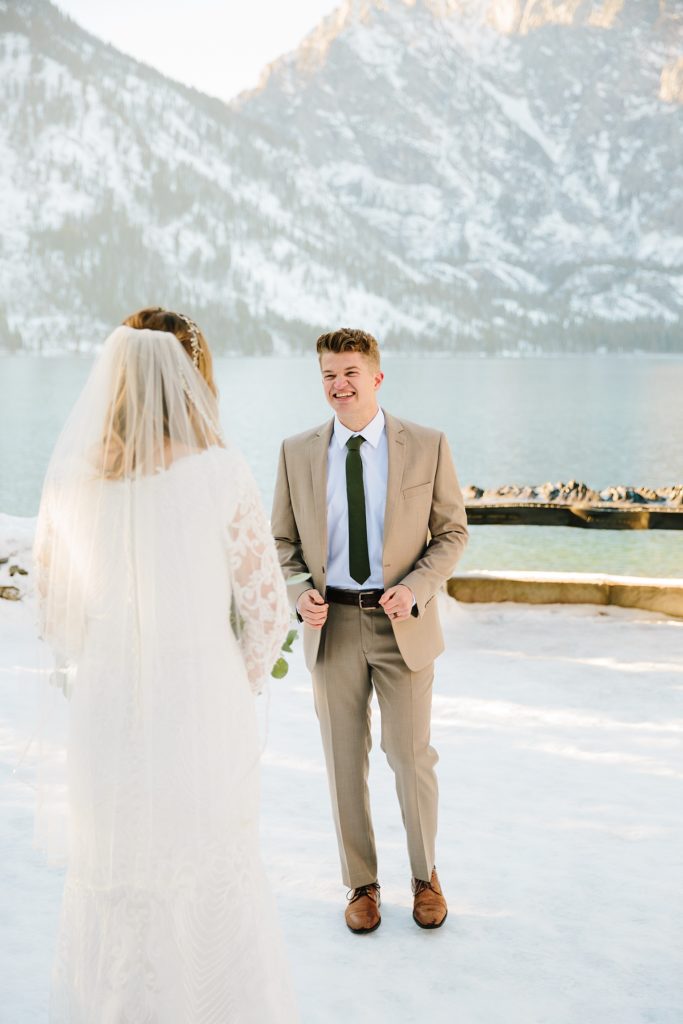 Groom sees bride at jenny lake