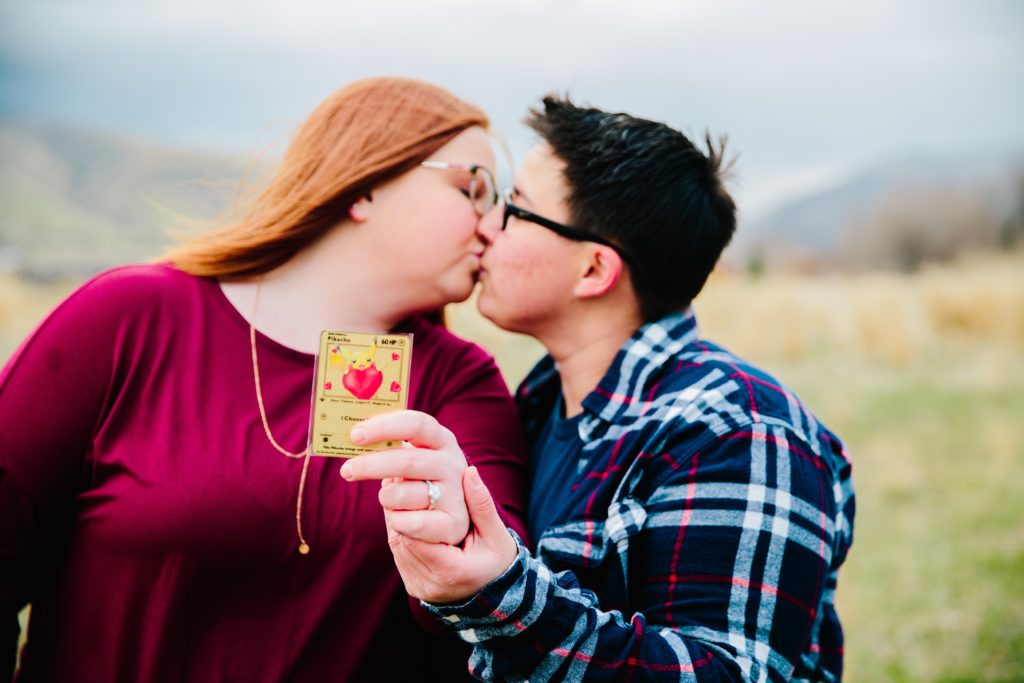 Jackson Hole wedding photographer captures Pokemon engagement same sex couple