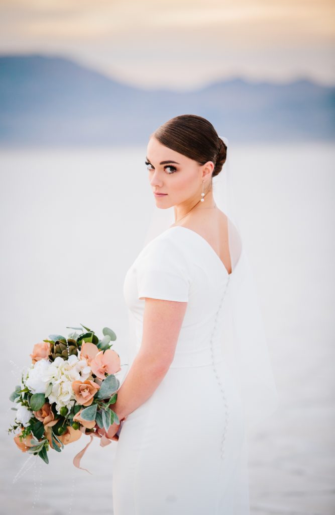 Jackson Hole wedding photographer captures Bride looking back at camera