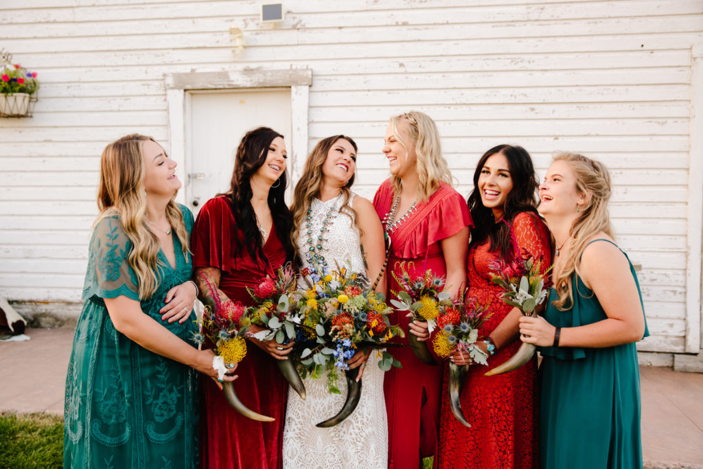 western wedding inspiration with bridesmaids at summer wedding