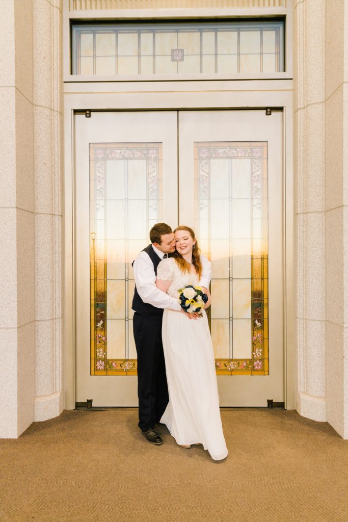 Jackson Hole wedding photographer captures Chilly Pocatello Temple Bridals temple doors