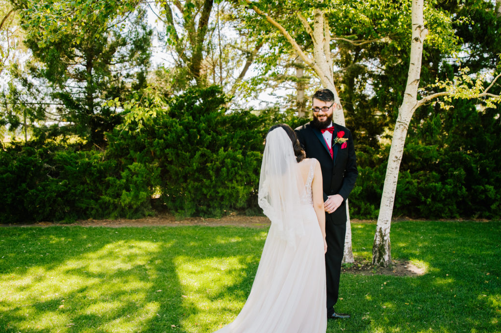 Jackson Hole wedding photographer captures bride showing her dress to groom