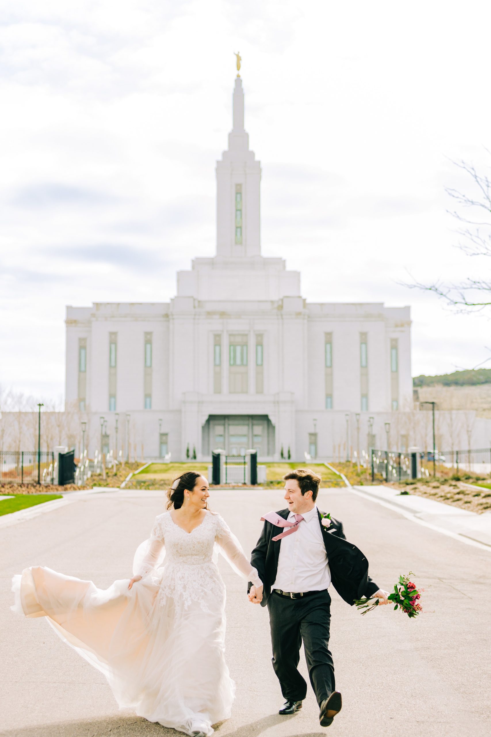 skipping and running away on street in pocatello idaho temple