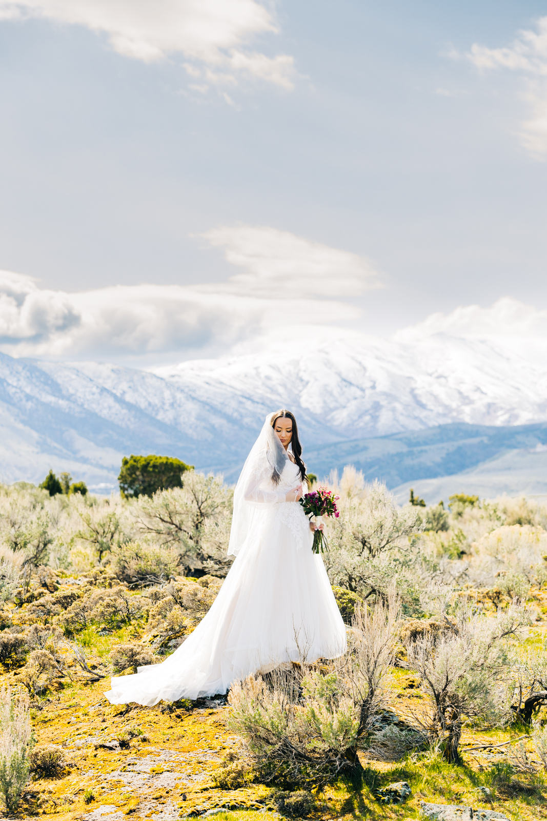 Jackson Hole wedding photographer captures bride with veil in sunlight with mountains in the background