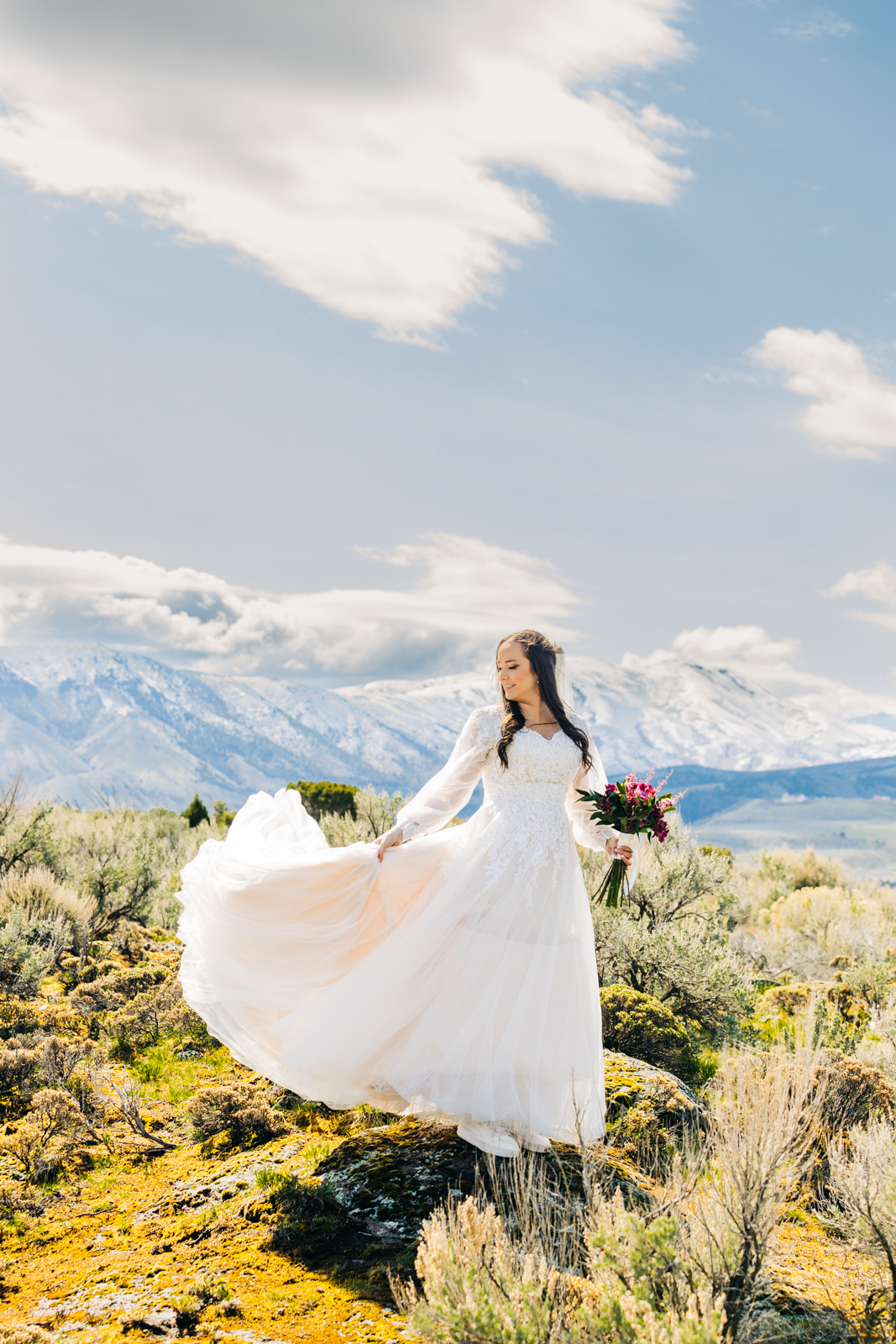 Jackson Hole wedding photographer captures bride swooshing dress
