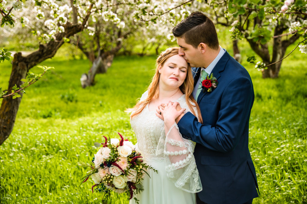 couple hugging during outdoor chic bridals in pocatello 