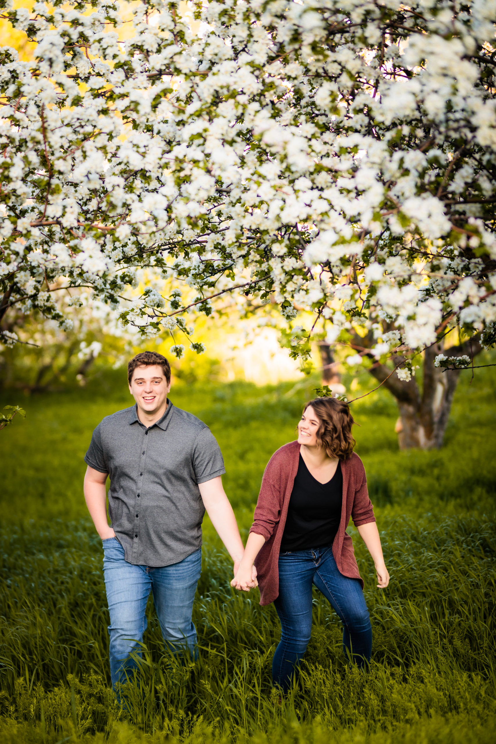 couple holding hands and walking during spring Pocatello Apple Blossom Engagements
