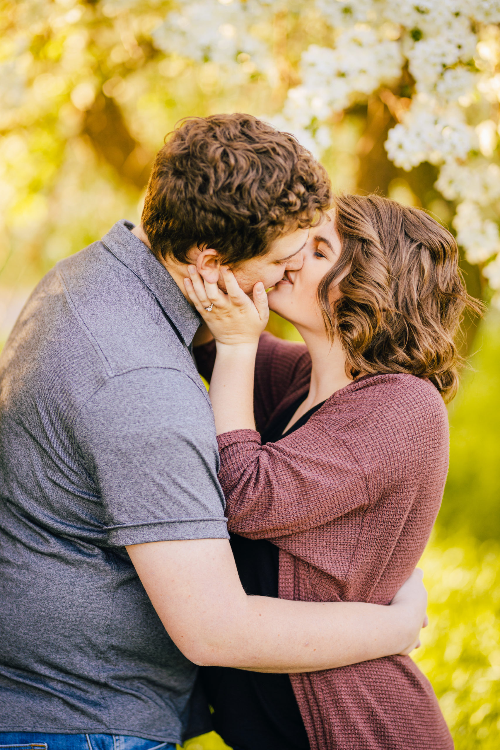 engaged couple kissing during apple blossoms engagements