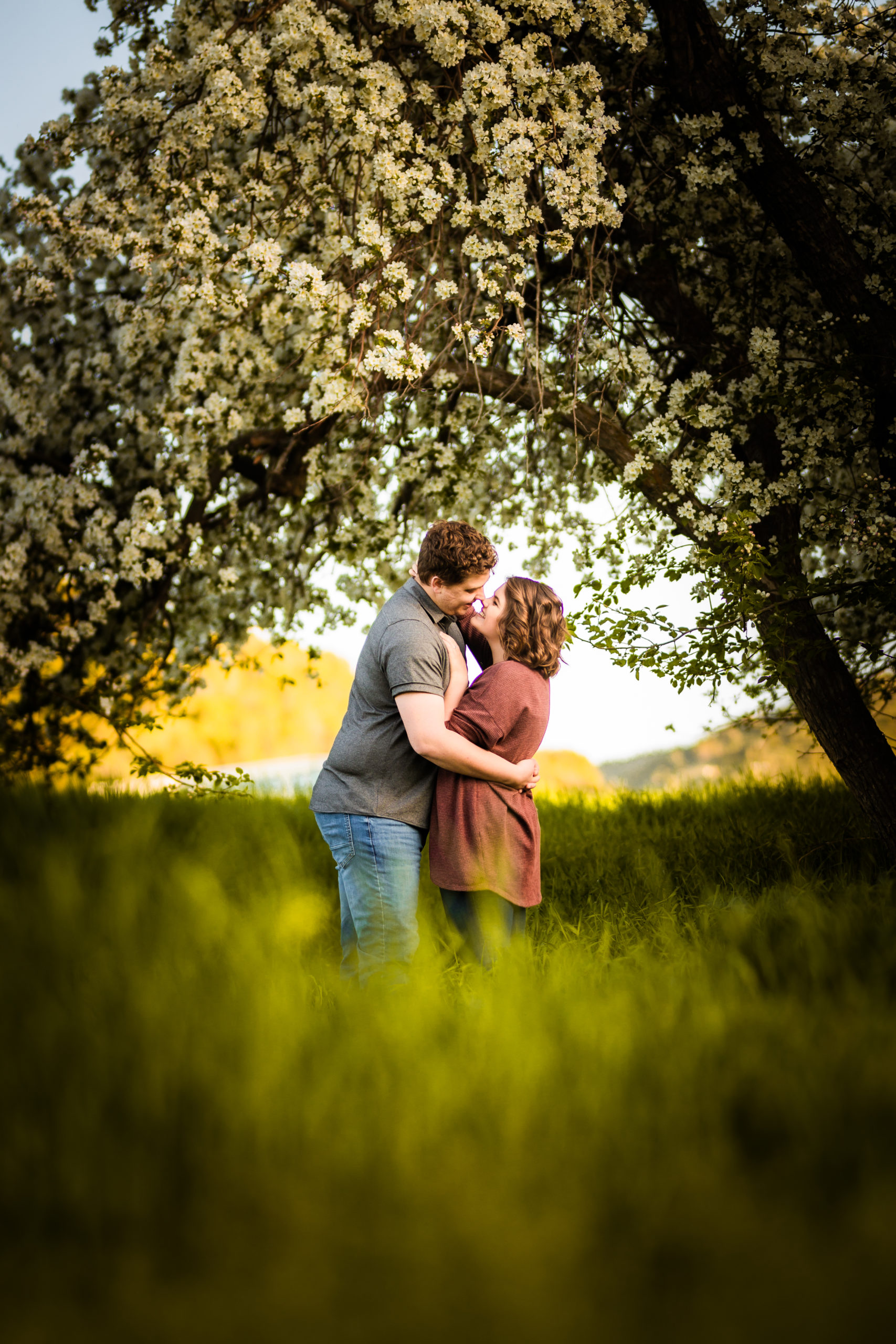 newly engaged couple standing in grass 