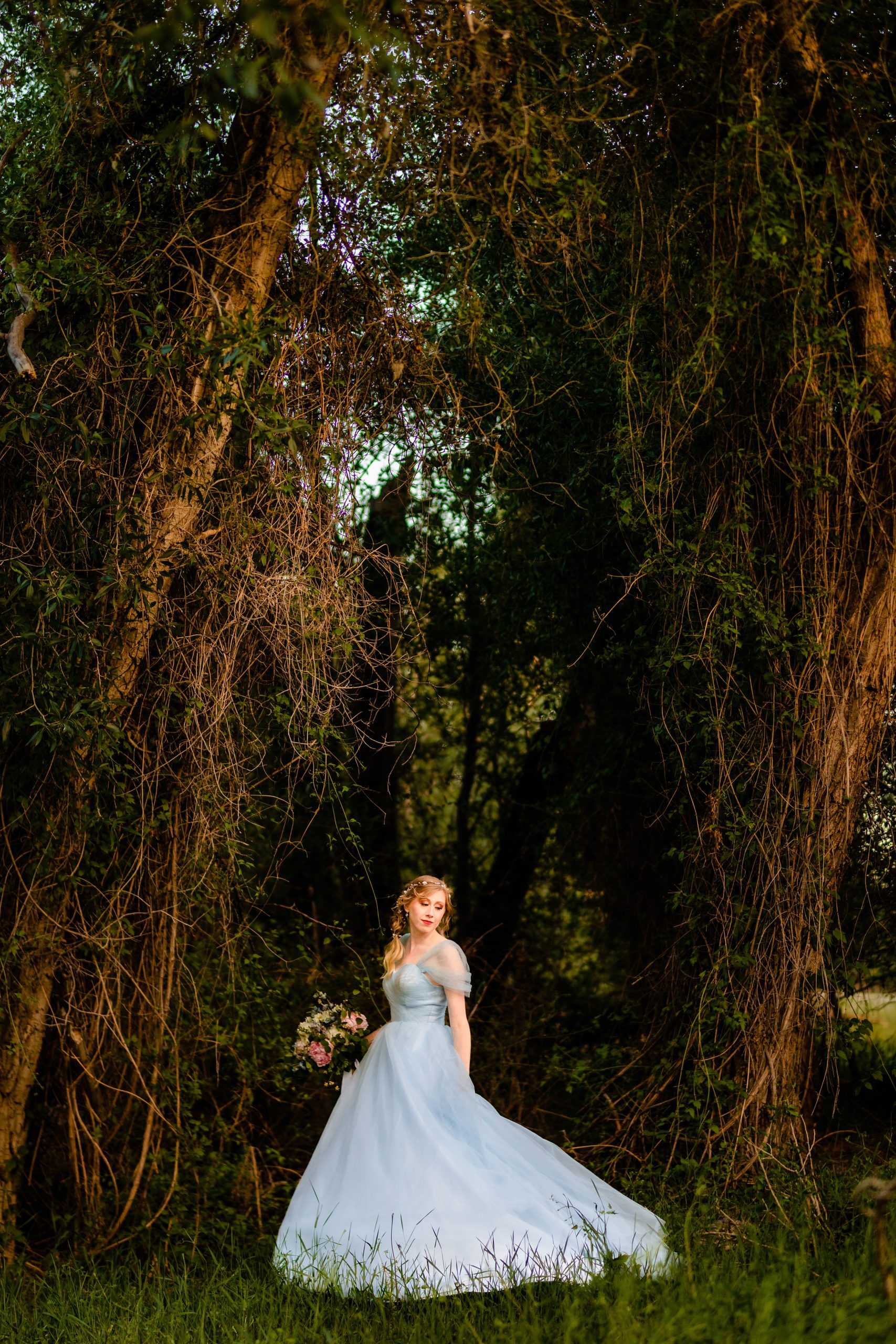 bride in blue dress in forest thats dark