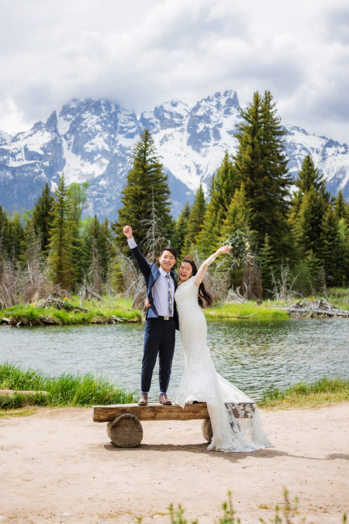 Jackson Hole wedding photographer captures newly married couple after Schwabacher Landing wedding