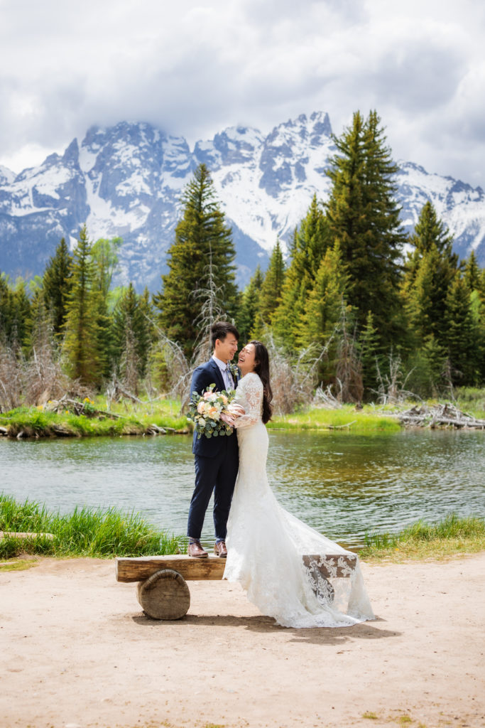 Jackson Hole wedding photographer captures bride and groom portraits through Grand Teton National Park