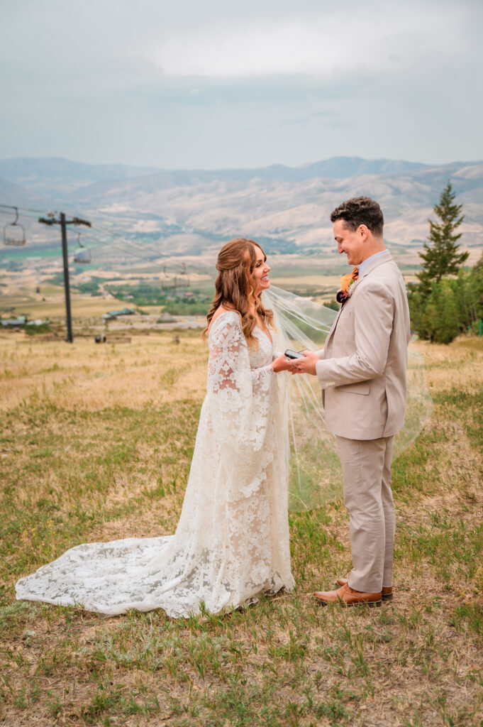 Jackson Hole elopement photographer captures first look between bride and groom on micro grand teton wedding day