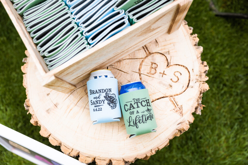 Quirky wedding details of beer cozy personalized to bride and groom at Jackson Hole wedding.