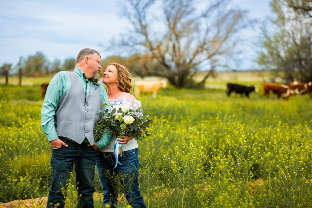 bride and groom look at each other and smile in fields of flowers while cows roam behind them.
